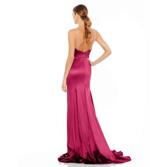 NWT Ieena for Mac Duggal Womens Hot Pink Rhinestone Beaded Strap Satin Dress 2 - Picture 2 of 12